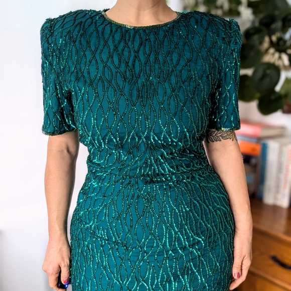 Laurence Kazar - Vintage NWOT 100% silk sequin ballgown - gorgeous green - Large - Picture 4 of 6